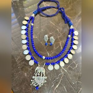India Boutique Royal Blue Beaded Coin Necklace Set with Elephant Pendant